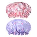 2 PCS Kids Shower Caps, Girls Shower Cap for Kid Waterproof Cute Rabbit Bonnets Elastic Band Bonnet Satin and Eva Soft Kid Sleeping Cap Hair Cover Hat Reusable Caps for Kids(Pink & Purple)