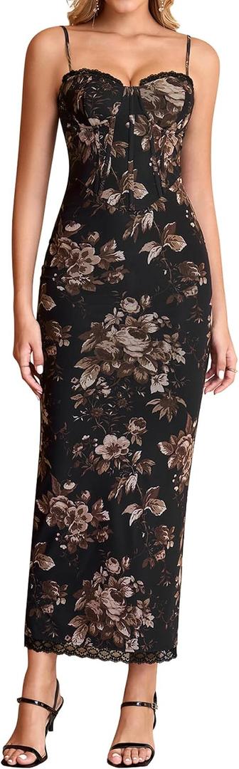 KUTUMAI Vintage Corset Long Formal Dress Lace Slit Back Bodycon Maxi Cocktail Wedding Guest Dresses for Women Elegant (Brown, S)