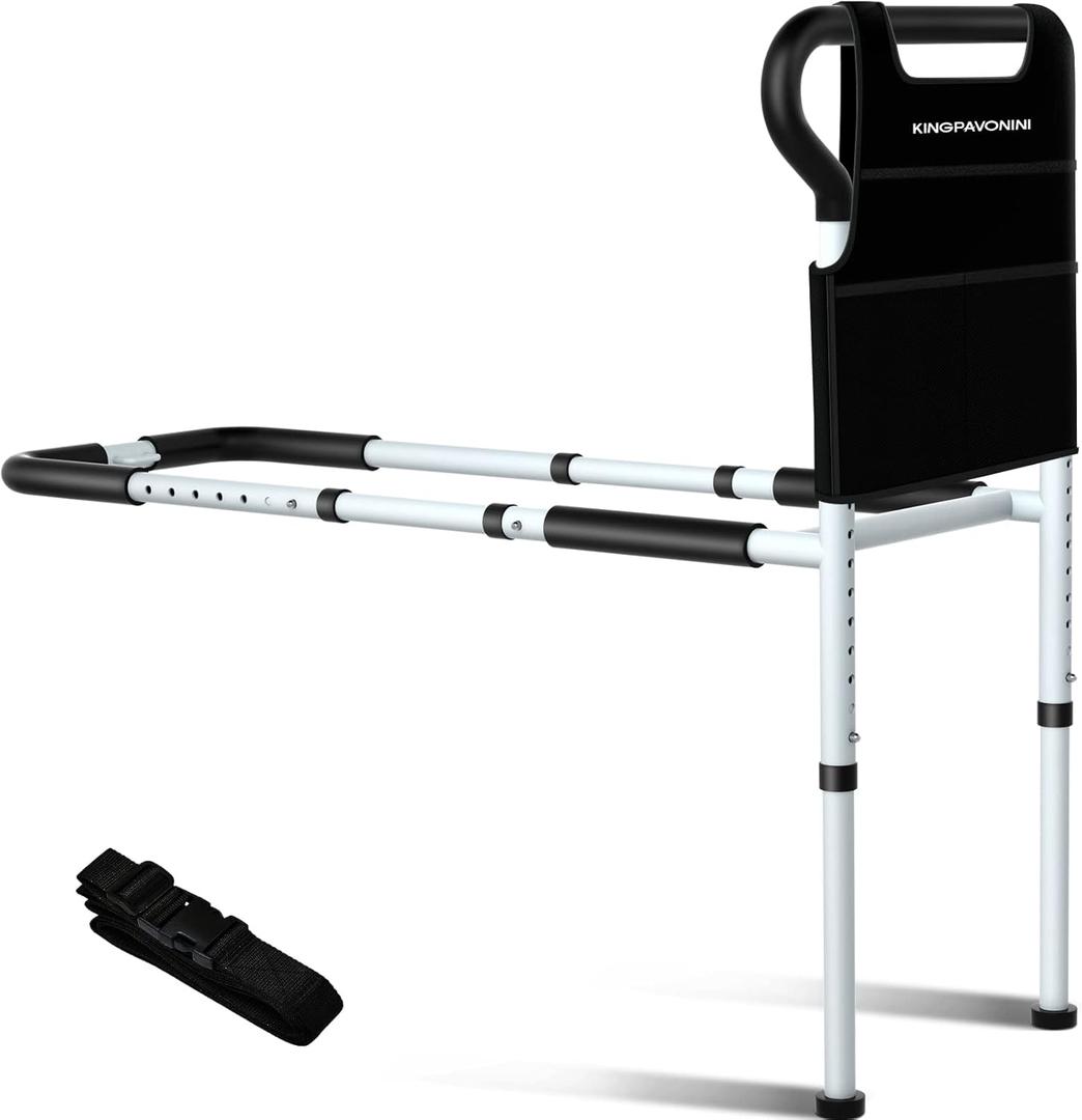 KingPavonini Bed Rails for Elderly Adults Safety - Adjustable Bed Cane with Non-Slip Ergonomic Handle and Storage Pocket, Stable Bed Assist Rails for Seniors Hold up to 300 Lbs, Tool-Free Assembly (Medium)