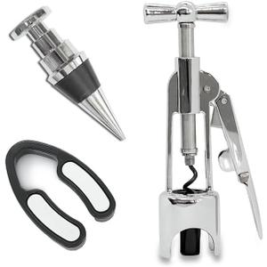 Wine Opener Set - Chrome Plated Zinc Alloy Wing Corkscrew Wine Opener, Bottle Stopper, and Foil Cutter. Wine Bottle Opener and Accessories Kit. Gift Idea