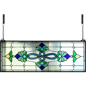 Yogoart Extra Large Horizontal Blue Victorian Stained Glass Window Panels Hanging Transom Window Panels (35" X 12") (Blue and Brown)