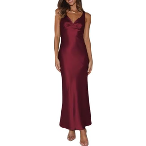 Womens Elegant Satin V Neck Backless Sleeveless Maxi Dress Silk Tie Low Back Formal Cocktail Dresses Wedding Guest (Burgundy), XL