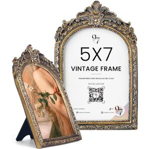 97 Decor Vintage Picture Frame 5x7 - Victorian Ornate Gold Frame 5x 7, 5x7 Picture Frame Antique, Small 5 x 7 Brass Photo Frames Wall Hanging For Gothic Vintage Wall Decor (Baroque Arch)