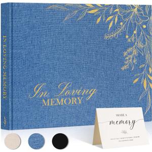 Lanpn Funeral Guest Book for Memorial Service, Linen in Loving Memory Registry Guest Book, Funeral Favors Sign in Books for Guests Celebration of Life Memory Book for Funeral with Table Sign, Blue