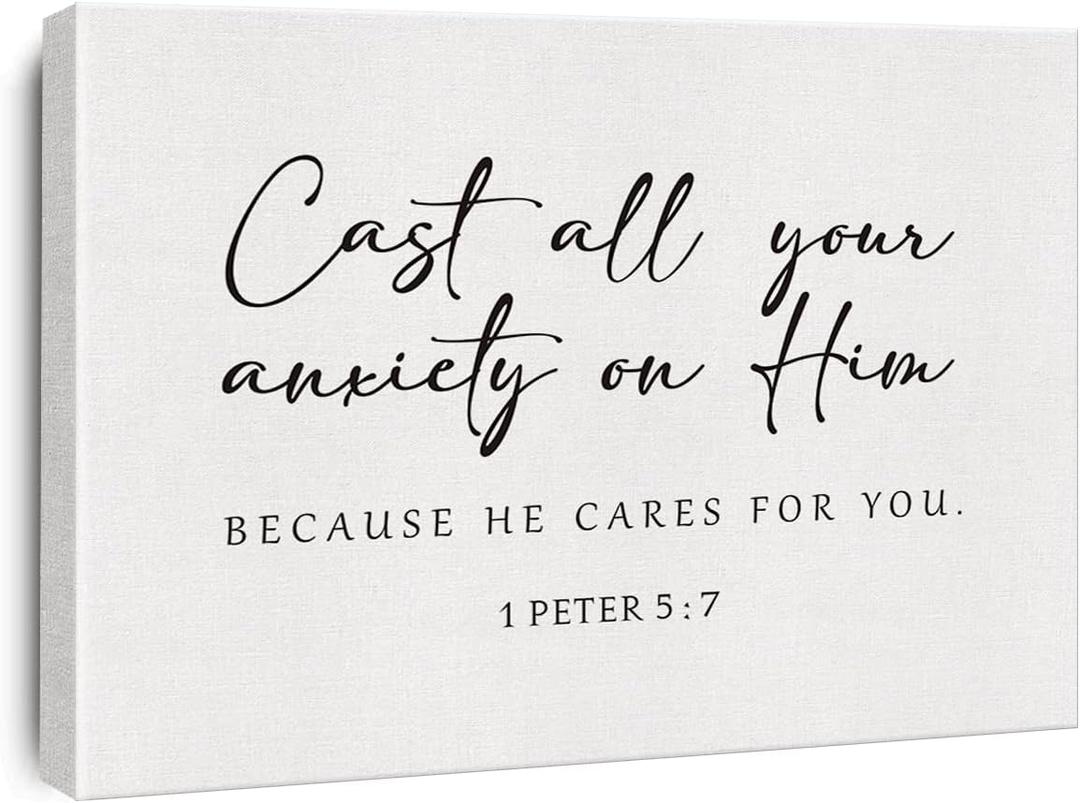 Bible Verse Canvas Print Decor Cast All Your Anxiety on Him 1 Peter 5 : 7 Wall Painting Posters Artwork 12X15Modern Home Office Decoration (Framed)