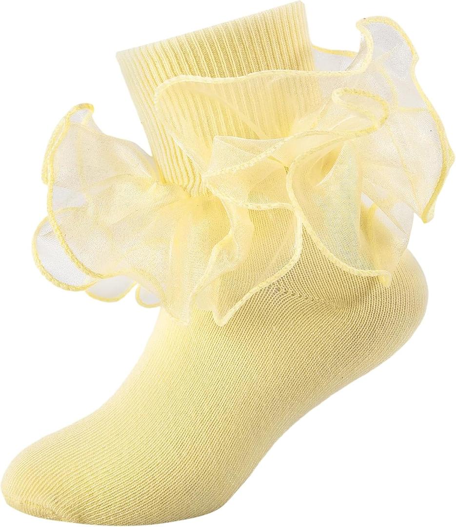 Girls Ruffle Socks Toddler Girl Frilly Dress Socks Double Lace Big Ruffles Fold Over Church Fancy Sock for Baby Kids (1-3T, Light Yellow - 1 Pair)