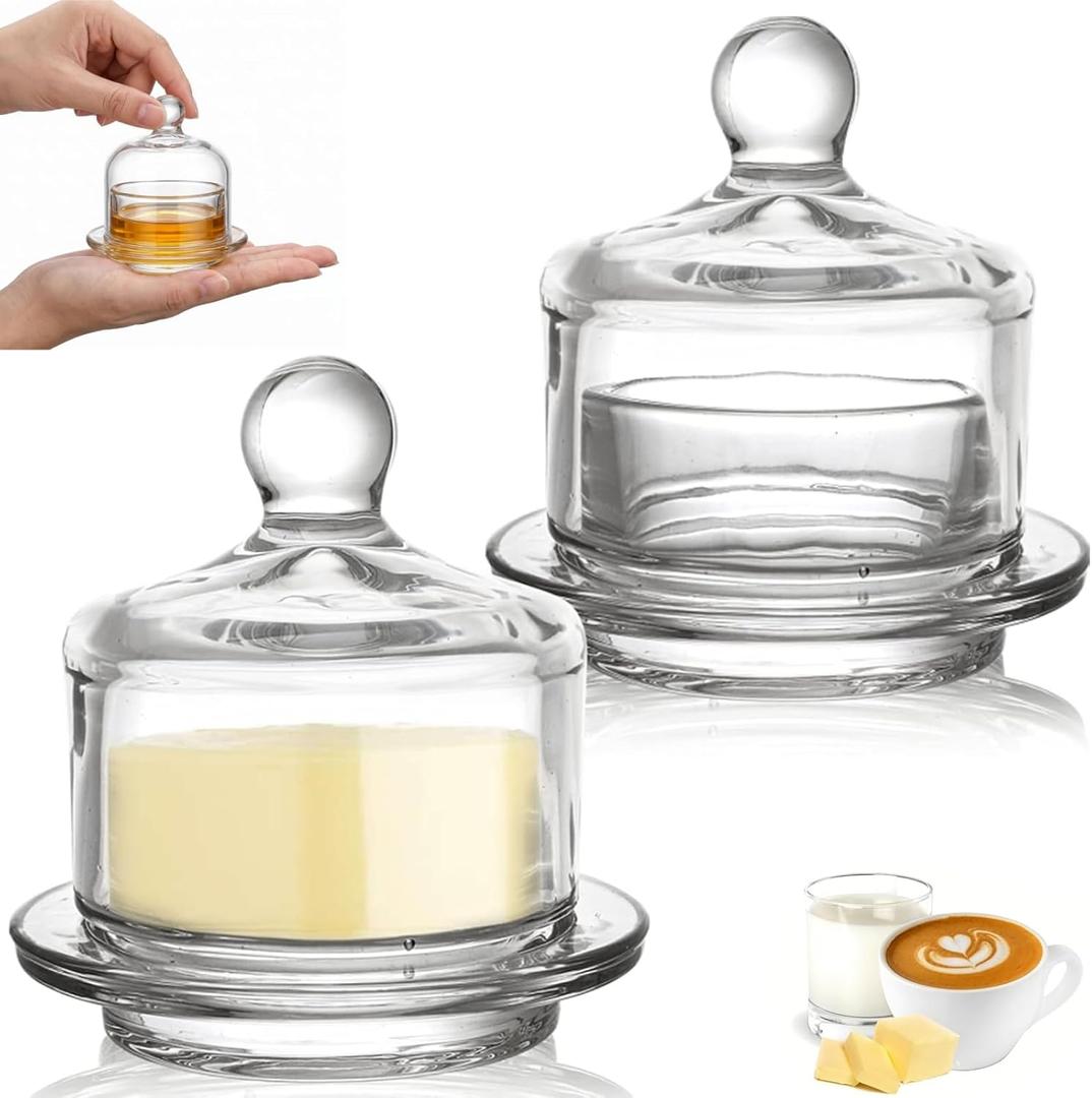 Dicunoy 2 Pack Glass Butter Dishes, Small Round Butter Keeper with Dome Lid and Handle, Clear Butter Serving Container with Cover, Round Crystal Mini Butter Cloche for Candy, Dessert, Parfait, Jam