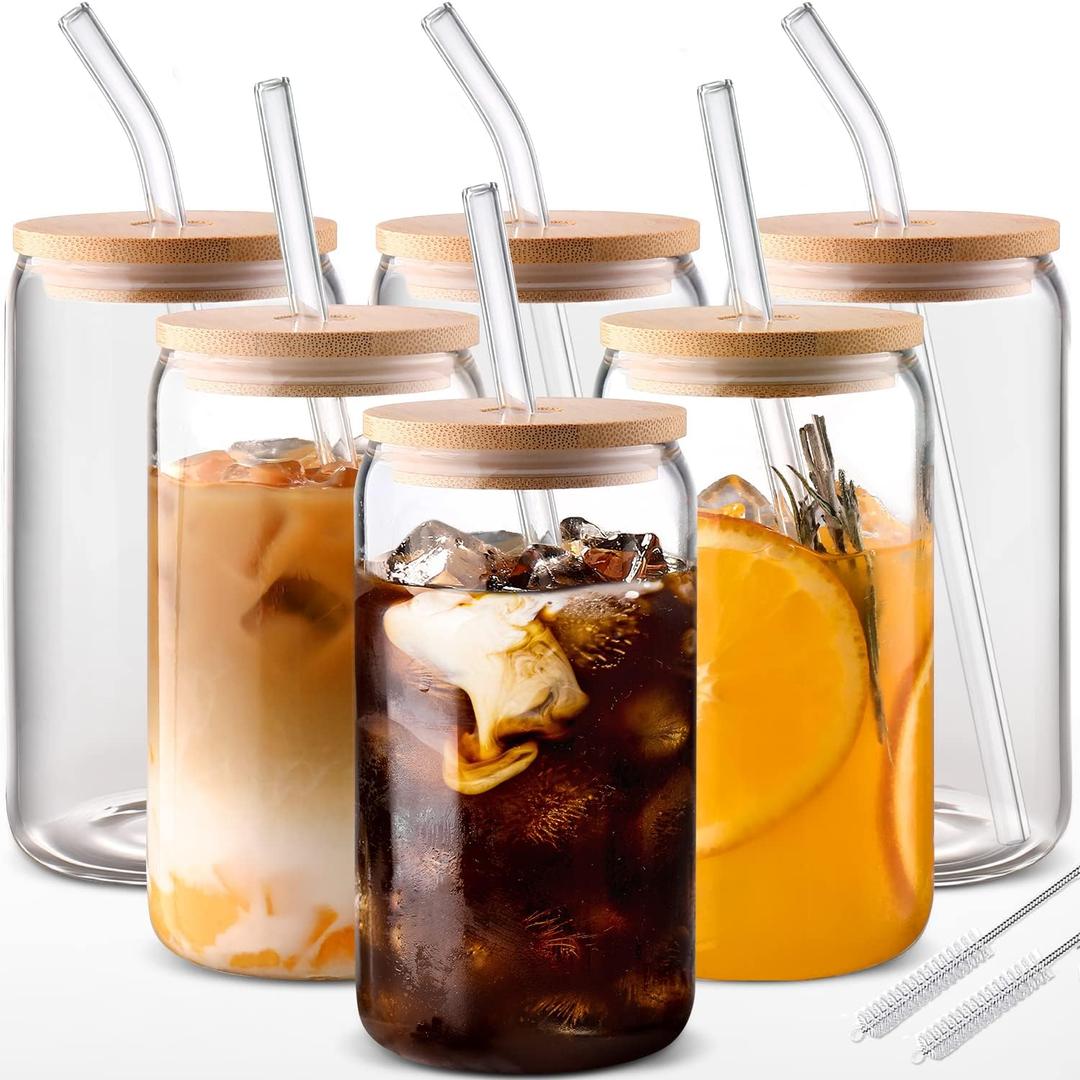 Glass Cups with Lids and Straws 6 pcs, 16 oz-DWTS Cute Tumbler,Beer Drinking Glasses,Clear for Iced Coffee, Tea with Bamboo Lids for Gifts (Blank Transparent Color)