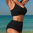 2 x Herseas Women's Loop Straps Bikini Sets 2 Piece Shine Ribbed Swimsuits Ruched High Waisted Bathing Suits (Black, S)