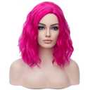 BERON Pink 14" Wigs for Women Girls Short Curly Bob Wavy Wig Hot Pink Color Body Wave Halloween Cosplay Daily Party Wigs