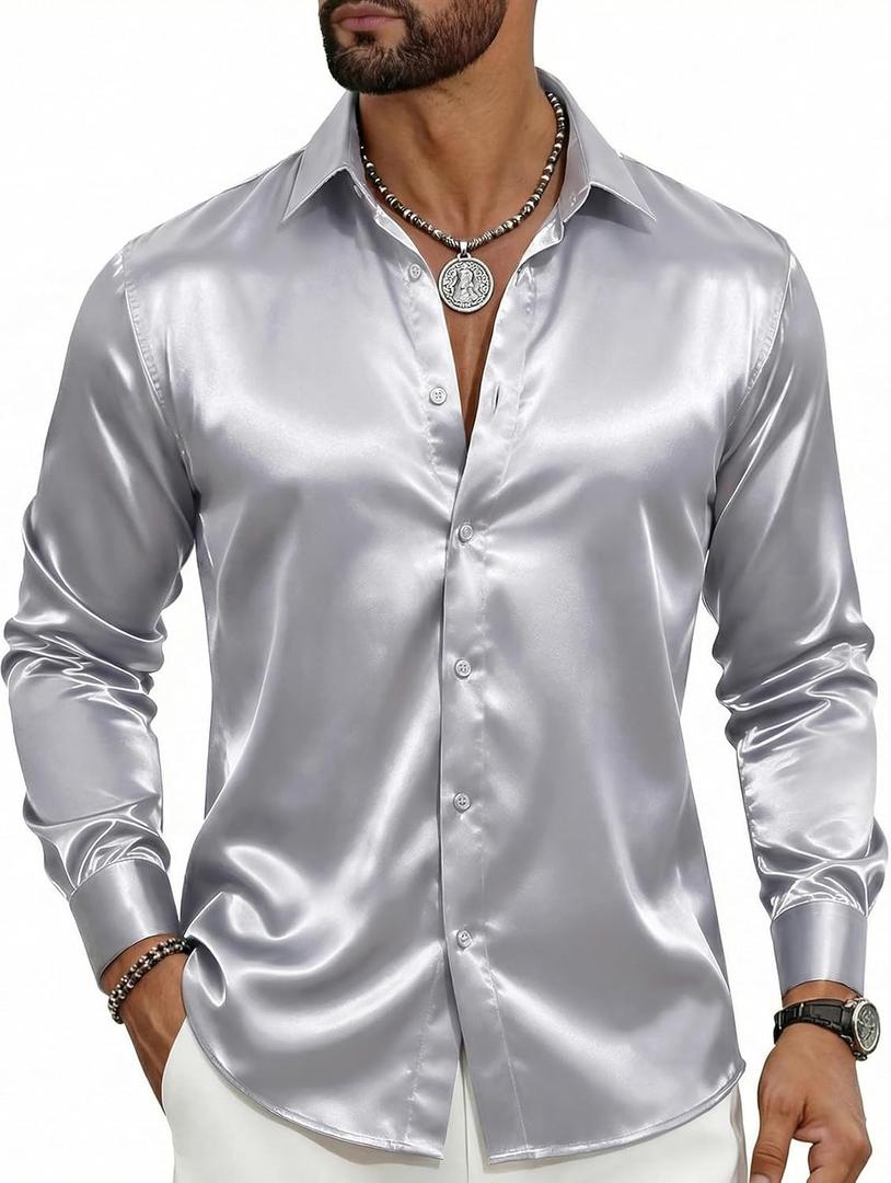 Barry.Wang 70s Disco Shirts for Men Satin Button Down Luxury Shiny Shirts | Shiny Satin, Disco Party Nightclub,Solid Long Sleeve Button Up Shirt,70s Prom Dress Shirts Wedding, Club,Business Casual (Silver, S)