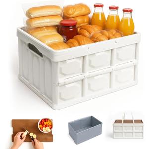 Collapsible Picnic Basket Set for 2  Insulated Plastic Picnic Basket with Waterproof Bag & Wooden Lid, Large Capacity Stackable Storage Bin for Outdoor, Camping, Picnics, Home Organizing