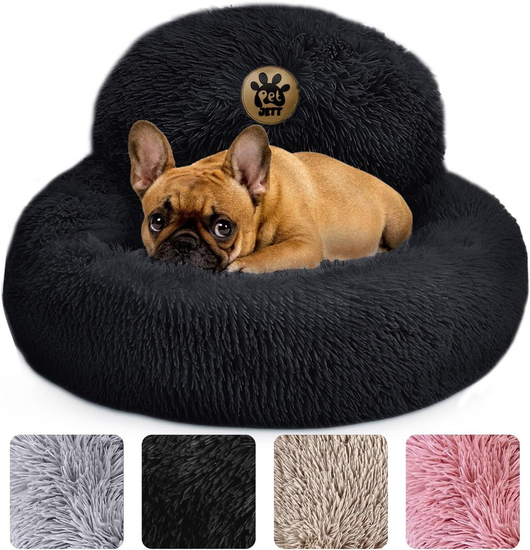 PetJett Calming Dog Bed for Small Dogs 23" Donut Dog Beds, Anti-Slip & Washable Fluffy Plush Faux Fur Pet Bed, Anti-Anxiety Premium Comfort Round Puppy Bed, Fits Dogs up to 25 lbs Black