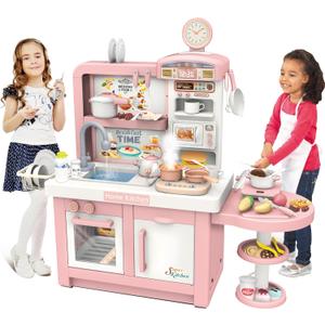 Elevon Pretend Play Kitchen Toy Set for Kids, Interactive Playset with Lights and Sounds, for Toddlers 3+ Years Old, 49 Piece Toy Accessory Set with Cooking Stove, Sink, Play Food, Realistic - Pink Elevon Pretend Play Kitchen Toy Set for Kids, Interactive Playset with Lights and Sounds, for Toddlers 3+ Years Old, 49 Piece Toy Accessory Set with Cooking Stove, Sink, Play Food, Realistic - Pink