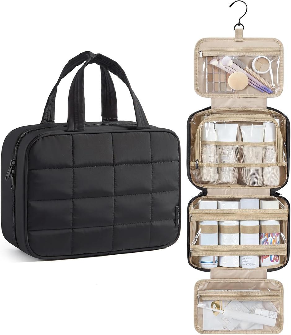 BAGSMART Travel Toiletry Bag for Womne, Hanging Travel Bag for Toiletries, Puffy Makeup Cosmetic Bag Organizer, Carry-on Travel Accessories Essentials, Black