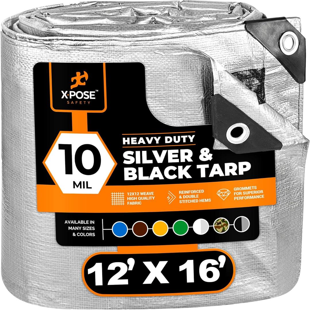 Heavy Duty Poly Tarp - 12' x 16' - 10 Mil Thick Waterproof, UV Blocking Protective Cover - Reversible Silver and Black - Laminated Coating - Grommets - by Xpose Safety