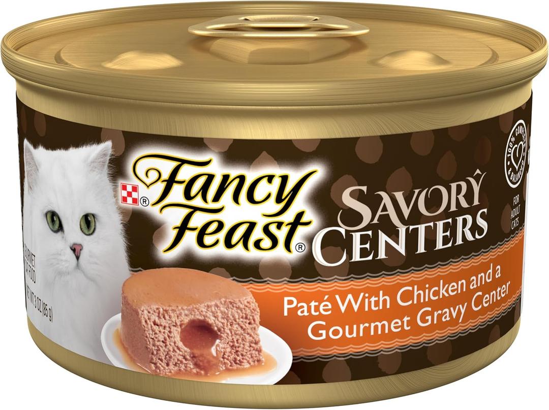 Purina Fancy Feast Savory Centers Gourmet Wet Cat Food Pate With Chicken and Gravy Center, (Pack of 24) 3 oz Cans (EXP 03/31/28)