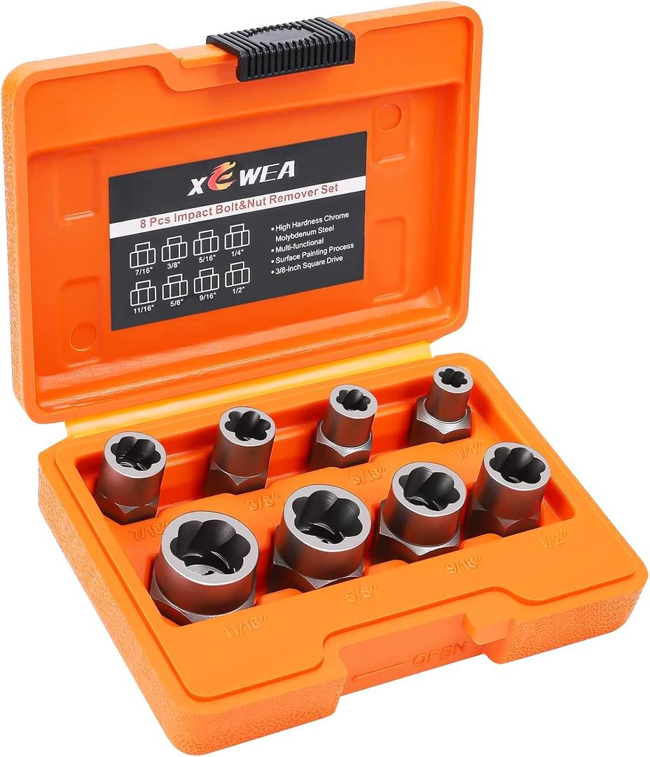 XEWEA 8PCS 3/8" Drive Impact Bolt & Nut Remover Set, Bolt Extractor Set Tool for Removing Stripped, Damaged, Rounded off and Broken Bolts & Nuts with Storage Case