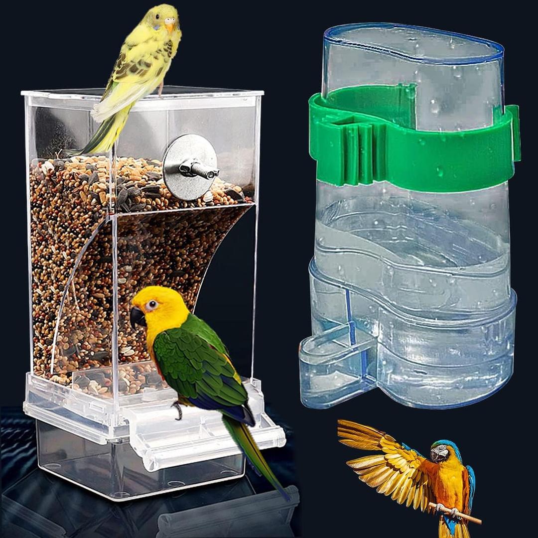 Kenond No Mess Bird Feeder Water Dispenser Set, Automatic Parrot Cage Accessories, Acrylic Parakeet Seed Food Drinker for Cockatiel, Squirrel, Finch, Lovebirds, Budgies, Canary