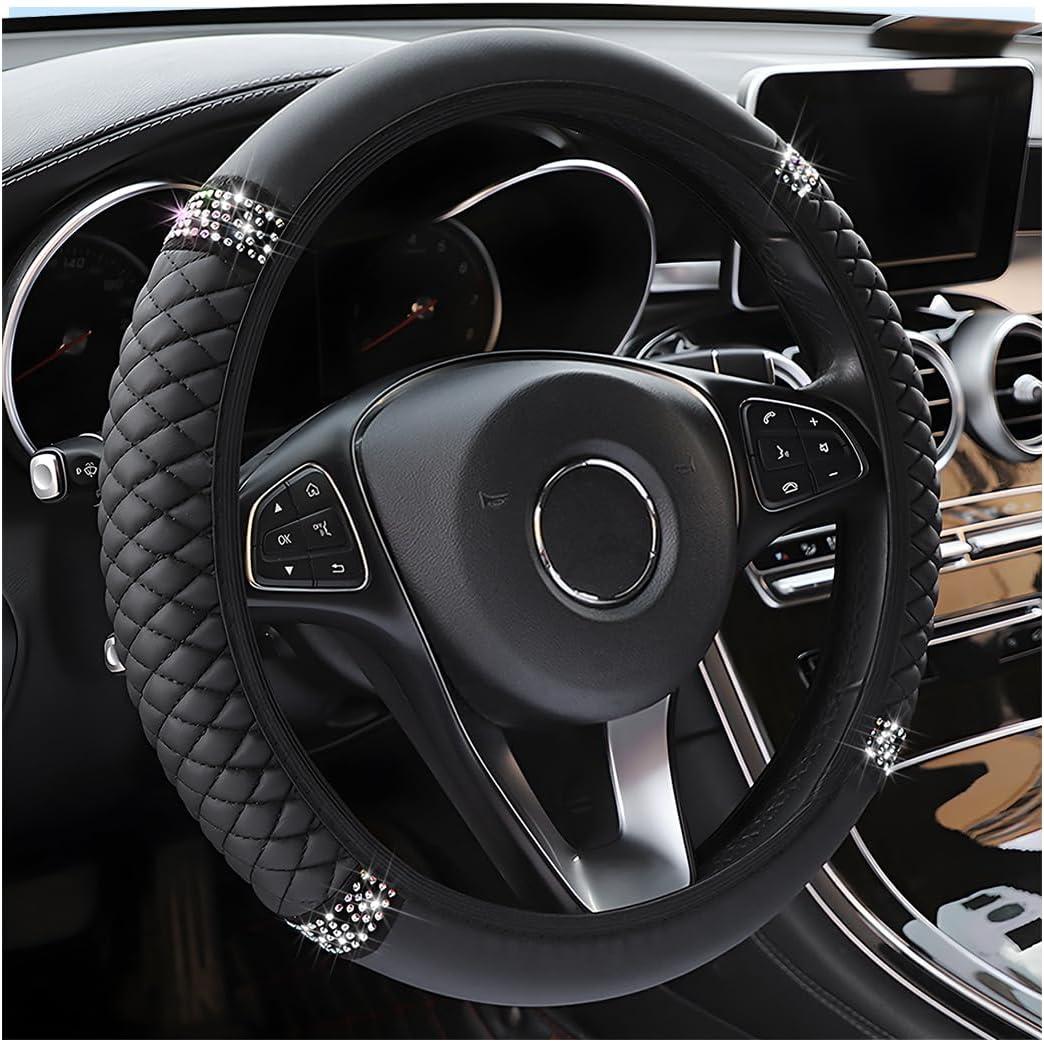 Osilly Bling Car Steering Wheel Cover, 15 Inch Rhinestones Soft Leather Elastic Steering Wheel Protector, Sparkly Crystal Diamond for Women Girls, Car Interior Accessories for Most Cars (Black)