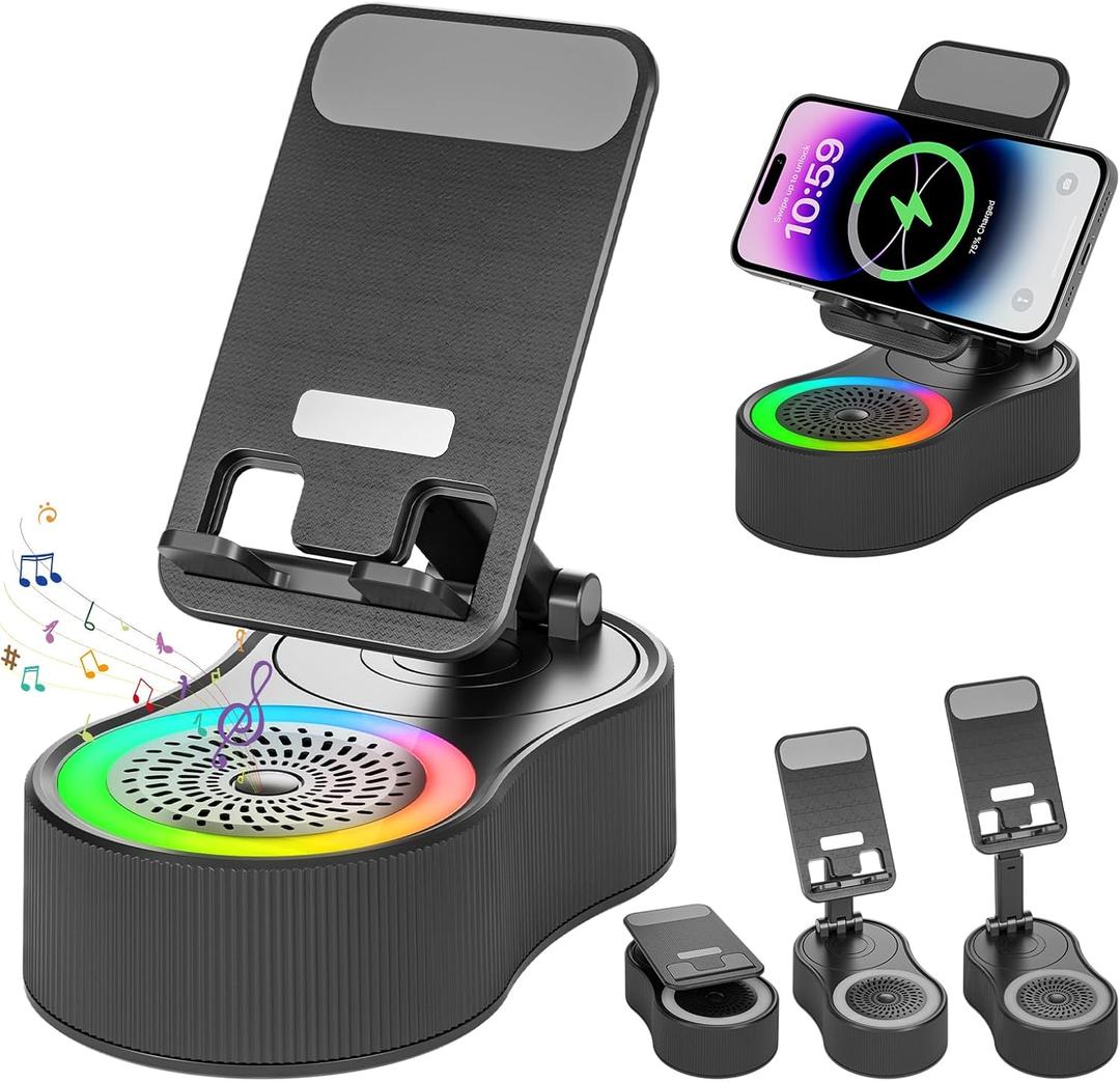 Cell Phone Stand with Bluetooth Speaker - Wireless Bluetooth Speaker with 360 Rotatable Phone Holder, Multifunctional Adjustable Stand with Charging Compatible with Tablet for Home Desk (Black)