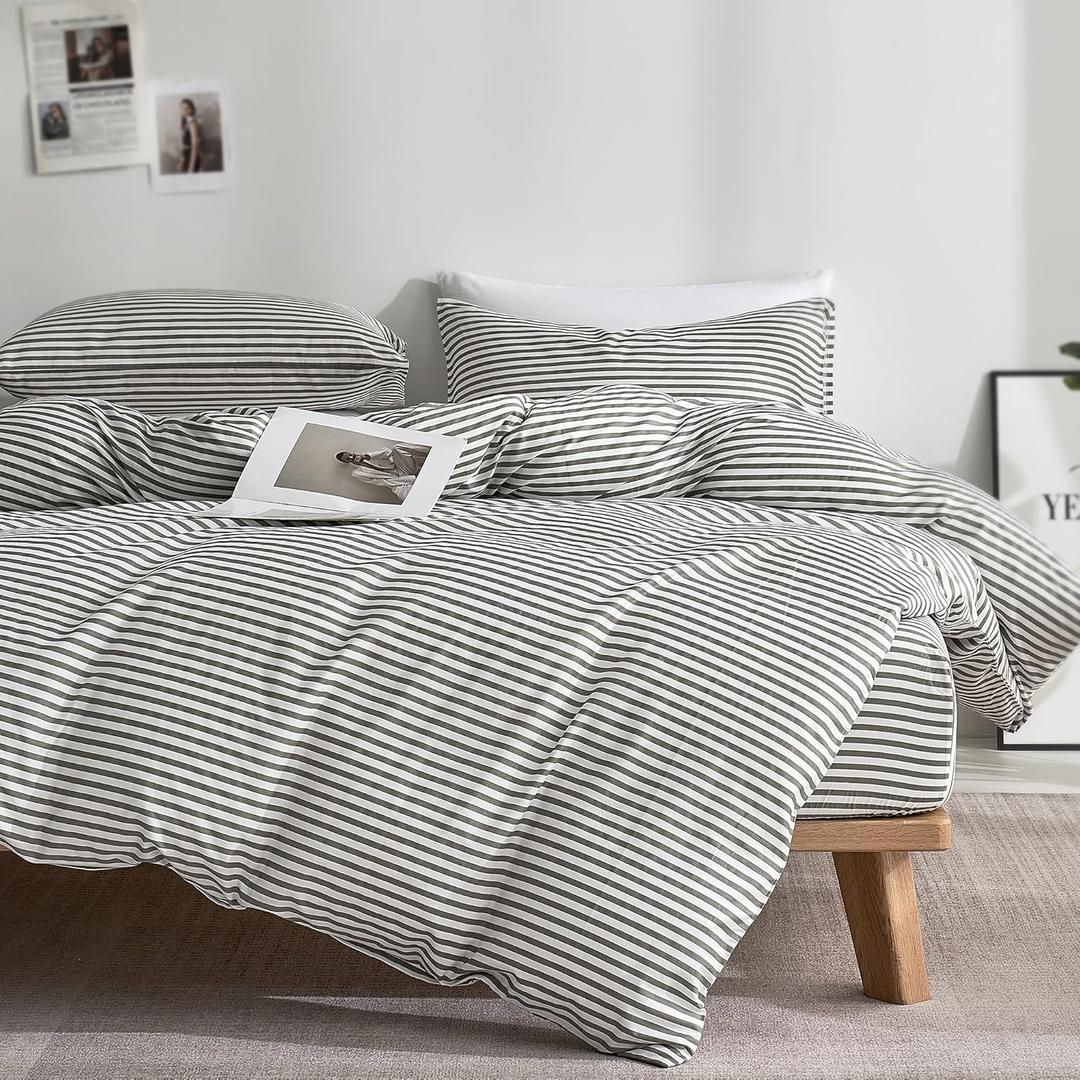 JELLYMONI 100% Natural Cotton 3pcs Striped Duvet Cover Sets, White Duvet Cover with Grey Stripes Pattern Printed Comforter Cover,with Zipper Closure & Corner Ties(Queen Size) (0604)