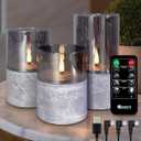 Rechargeable Marble Flameless CandlesGray Glass Marble Finish Pillar Candle with Remote &Timer, Decorative Candles for Living Room, Holiday Dcor& Gifts for Women.Set of 3