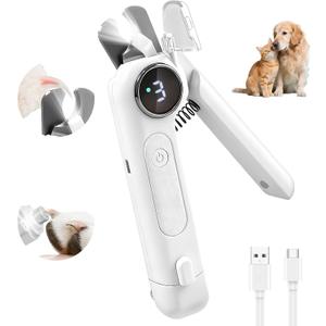 2-in-1 Dog Nail Clippers and Grinder, Electric Dog Nail Trimmer for Large Medium Small Dogs & Cats with 3 Speeds, USB Rechargeable, Quick Sensor, Splash Guard & LED Lights, Safe & Painless (White)