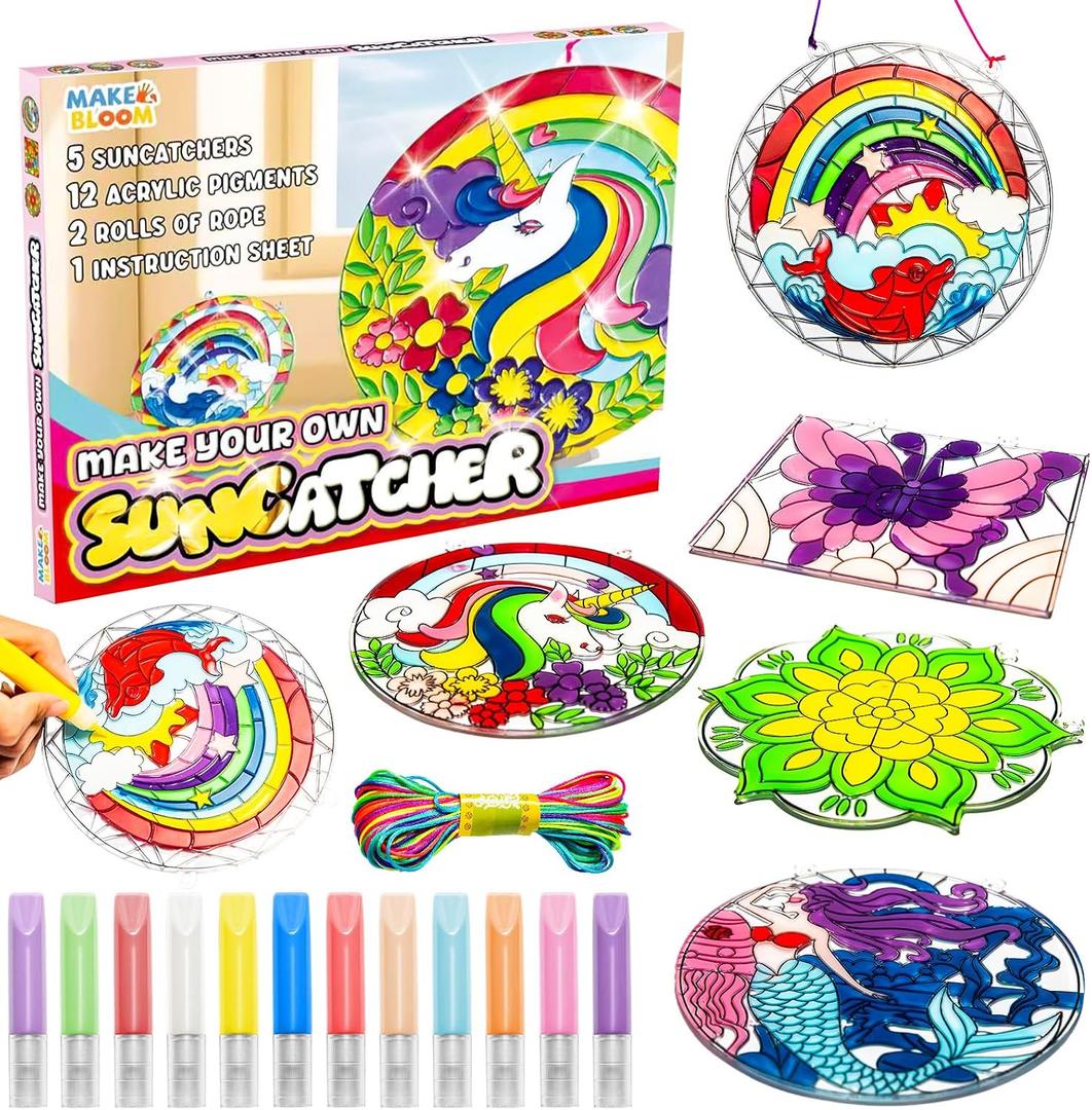 MakeBloom 5PCS Suncatcher Craft Kits for Kids with Pigments,DIY Window Art Stained Glass Painting Kit,Birthday Gift,Classroom Craft Supplies for Ages 3+(Rainbow,Dolphin,Mandala,Mermaid,Unicorn)