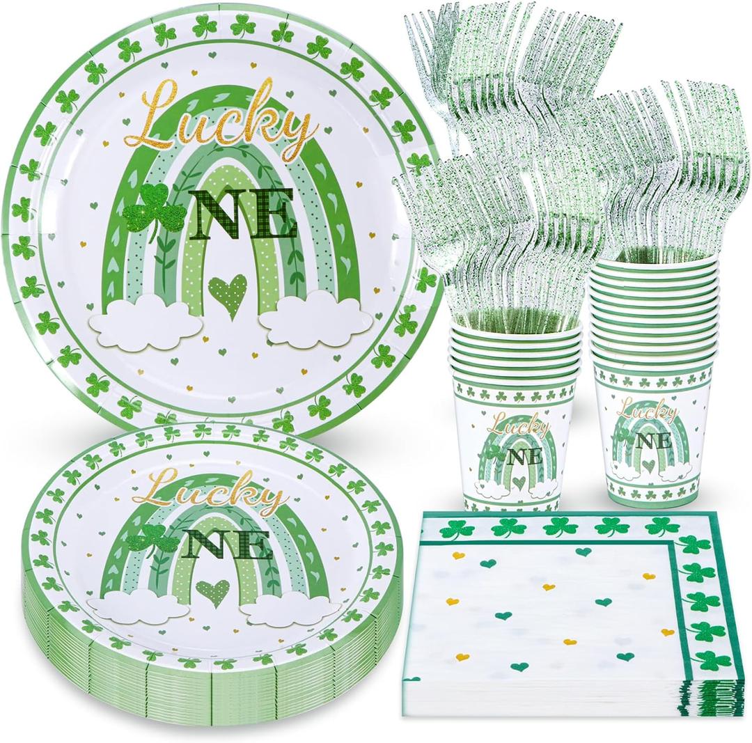Atonofun Lucky One Birthday Party Supplies, St. Patrick's Day 1st Plates and Napkins Set, Irish Party Plates, Cups, Napkins, Cutlery for St. Patrick's Day and Irish First Birthday Party, Serves 24