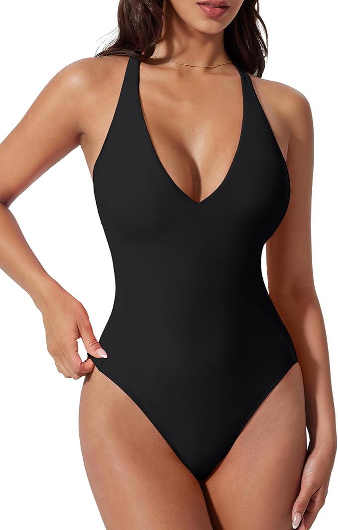 SUUKSESS Women Sexy Low Back One Piece Swimsuit Slimming Tummy Control Bathing Suit, Small