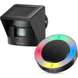 TECKNET Solar Wireless Driveway Alarm with 2600FT Long Range & 36 Melodies & 5 Volumes and Supports 4 Zones Weatherproof Motion Sensor Alarm to Protect Inside/Outside Property (1 Receiver 1 Sensor)