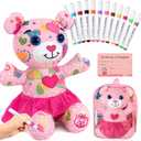 DRAWMYTOY Coloring Plush Toy with Washable Markers for Little Girls Doodle Dolls for Kids Ages 3-8 Birthday (Pink Bear)
