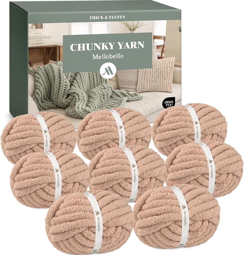Mellobello Jumbo Chunky Yarn for Hand Knitting - Super Thick Chenille Chunky Yarn for Crocheting - Extra Soft Bulky Fluffy Blanket Big Yarn 8 Jumbo Pack (27yds,8 oz Each Skein) Light Brown