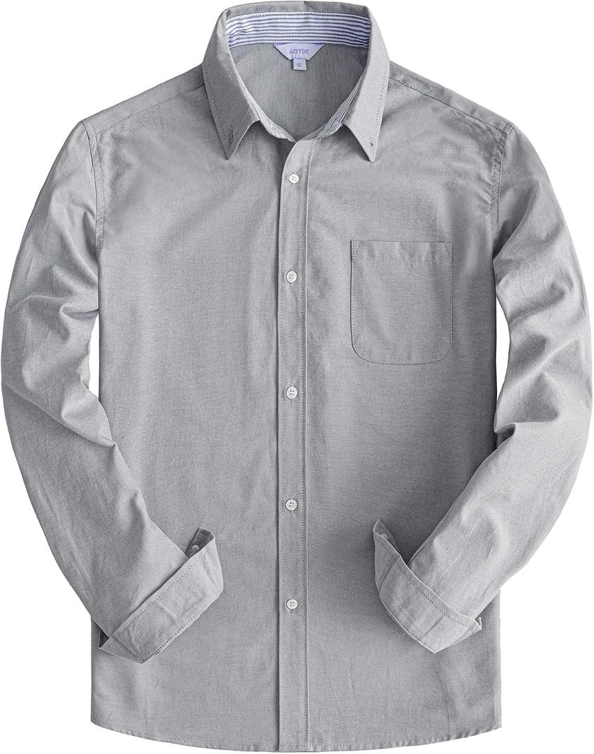 Boys Oxford Dress Shirts Formal Long Sleeve Button Down Shirts Solid School Uniform Shirts with Pockets (Gray, 12)