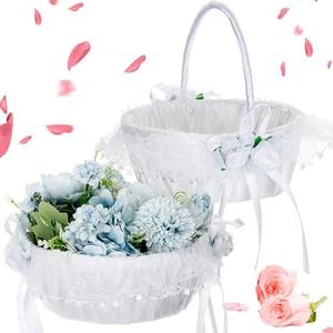 AceOrbit 2 Pcs Large Wedding Flower Baskets with Foldable Handle White Lace Satin Bowknot Flower Basket for Wedding Bride Ceremony Party Accessories