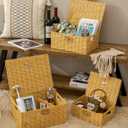 Wicker Storage Baskets with Lids, Set of 3 Decorative Storage Boxes For Organizing, Woven Baskets with Leather Lock and Handles (Beige)