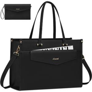 LOVEVOOK Laptop Tote Bag for Women, 15.6 inch 2-in-1 Professional Work Bag Business Briefcase with Clutch Purse, Waterproof Leather Computer Handbag for Teacher Office Travel (Black)