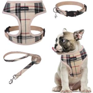 SCENEREAL No Pull Dog Harness Collar and Leash Set for Small Sized Dogs, Soft Mesh Step in Plaid Harnesses for Fall Winter, Adjustable Pet Vest for Outdoor Walking Training and Running (M: Chest Girth: 17"-21", Beige (With Collar))