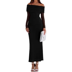 PRETTYGARDEN Fall Dresses for Women 2026 Elegant Off The Shoulder Long Sleeve Formal Wedding Guest Bodycon Maxi Dress (XL)