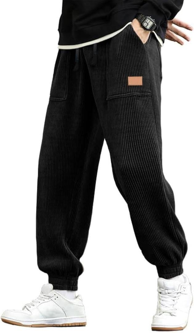 JMIERR Mens Corduroy Joggers Pants Casual Cargo Pants Drawstring Elastic Waist Baggy Tapered Sweatpants with Pockets (Large, Black)