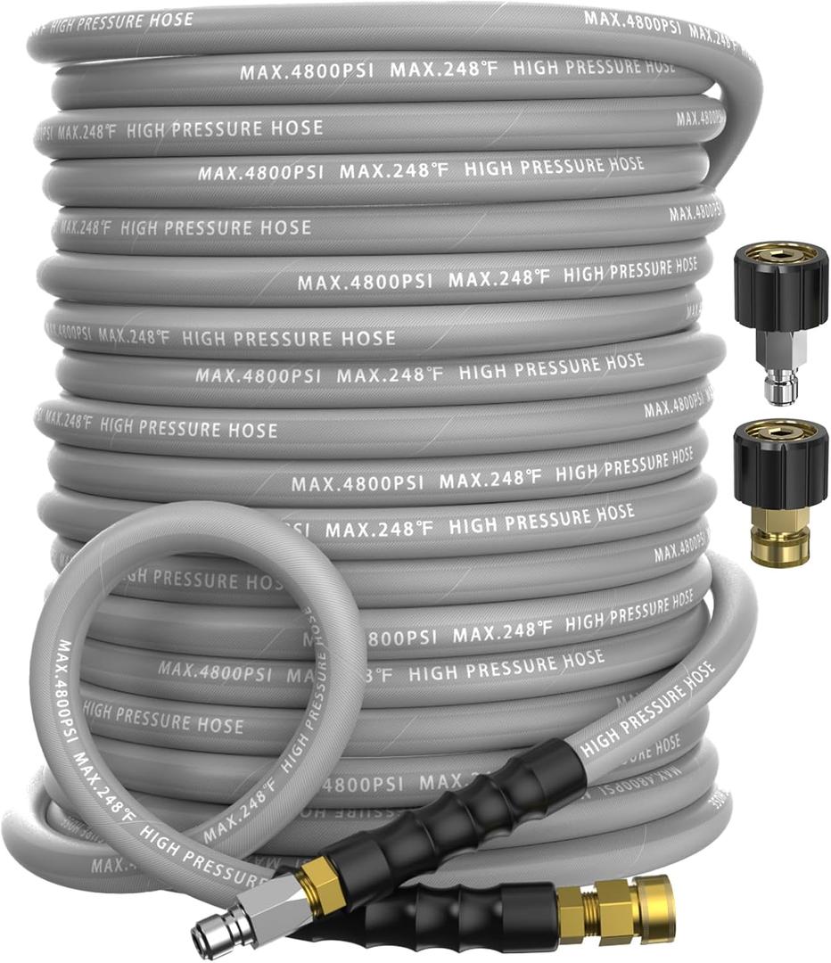 3/8" Pressure Washer Hose 100FT 4800 PSI, Kink Resistant Steel Braided Layer & NonMarking Rubber for Hot/Cold Water, High Power Washer Hose With 3/8 Inch Quick Connect & M22 Fitting, Gray