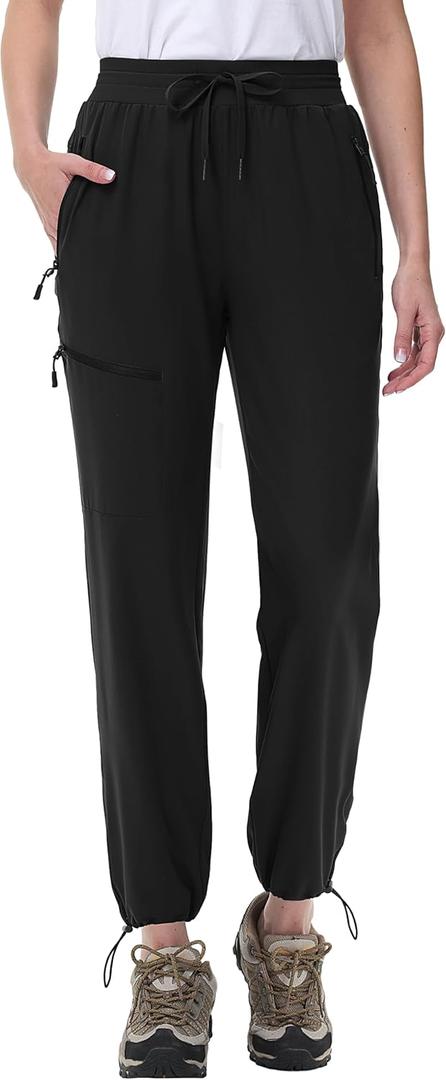 MAGCOMSEN Women's Hiking Pants UPF 50+ Water Resistant Quick Dry Lightweight Elastic Waist Cargo Pants with 4 Pockets (Black, L)