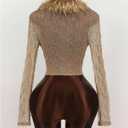 MakeMeChic Women's Faux Fur Cowl Neck Long Sleeve Top Sheer Ruched Y2k Tops Shirts (L)