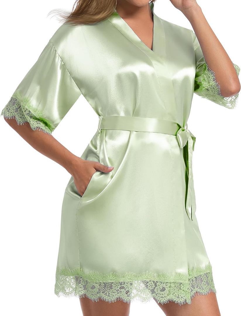 Women's Lace Trim Kimono Robe Bride Bridesmaids Wedding Shower Satin Short Robe Bridal Party Nightgown (Saage Green, S)
