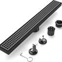 24-Inch Matte Black Linear Shower Drain, 304 Stainless Steel Long Linear Drain with Quadrato Pattern Grate, Rectangle Shower Floor Drain with Adjustable Feet, Hair Strainer, Fits Bathroom, Balcony