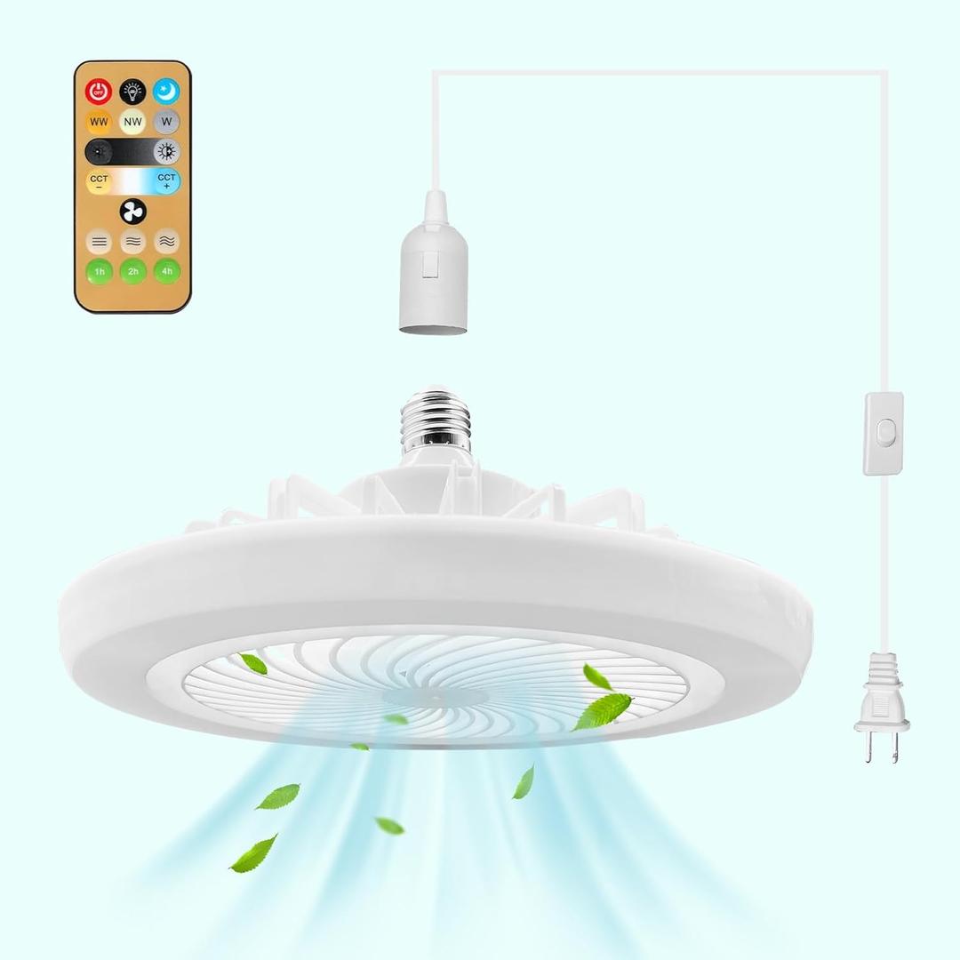 Plug in Ceiling Fan Light with Long Cord 19.68ft, Screw in Socket Fan Light with Remote Control, 110V Modern LED Small Portable Hanging for Bedroom Bathroom Gazebo Kitchen Kids Room Garage