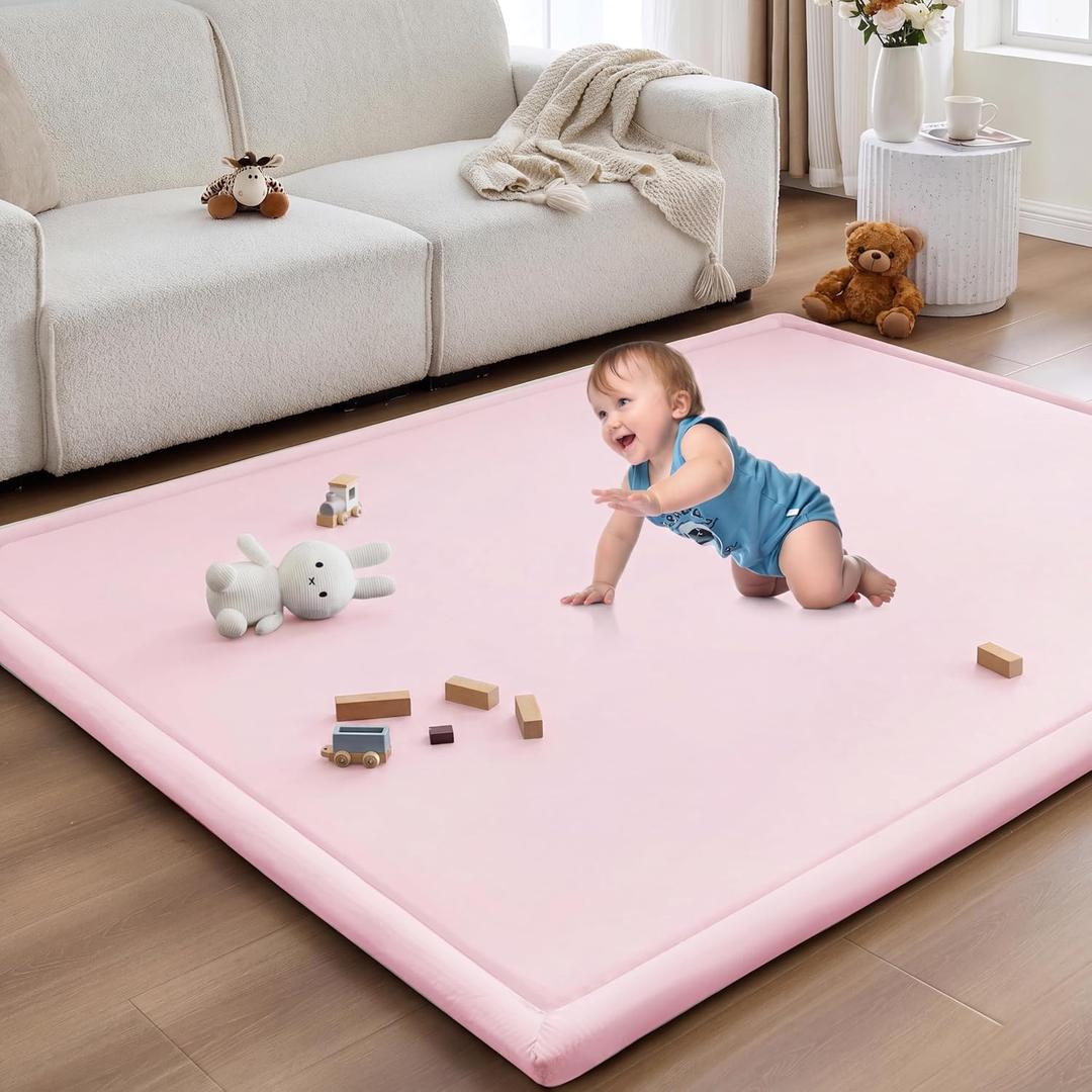 Baby Play Mat for Floor Nursery Rug Muscle Area Playroom Rug Elastic Foam 59x79" Playpenmat Elastic Foam 1.3" Thick Crawling Mat for Babies,Toddlers, Infants, Kids(Plaid Light Pink)