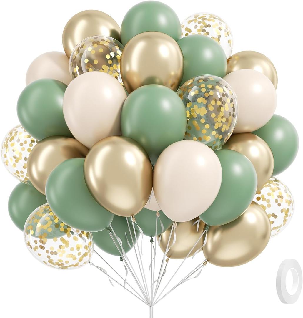 Sage green Balloons, 60pcs 12inch Sage green Sand White Metallic Gold Confetti Balloons for Boho Birthday Wedding Bridal Baby Shower Engagement Party Decorations