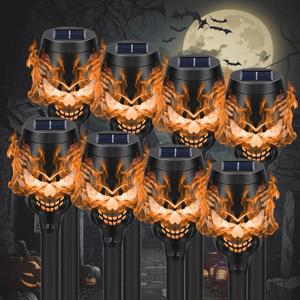 Solar Halloween Decorations Outdoor, 8 Pack Spooky Skulls Solar Torch Flame Lights, Waterproof Pathway Halloween Lights for Garden, Yard, Lawn, Porch, Landscape Decor, Orange